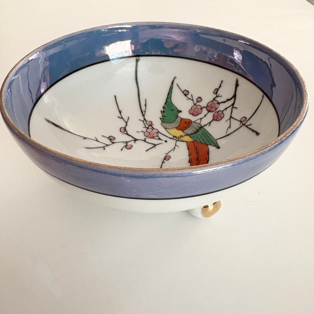 Vtg Noritake lusterware parrot footed bowl, hand-painted